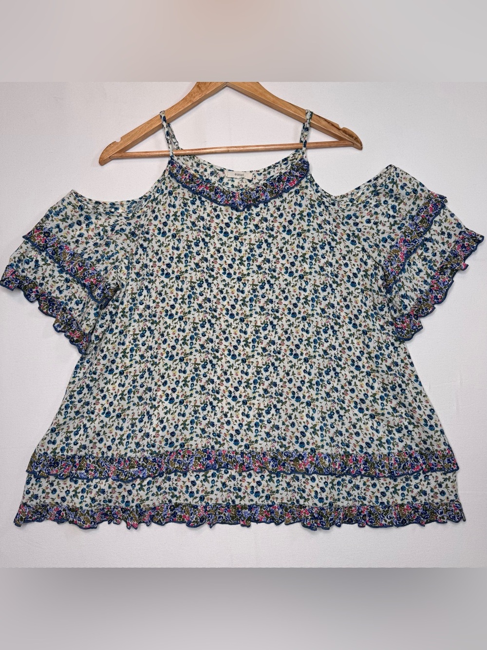Easel‎ Floral Ruffle Blouse boho off the shoulder top Sz large cottagecore blue